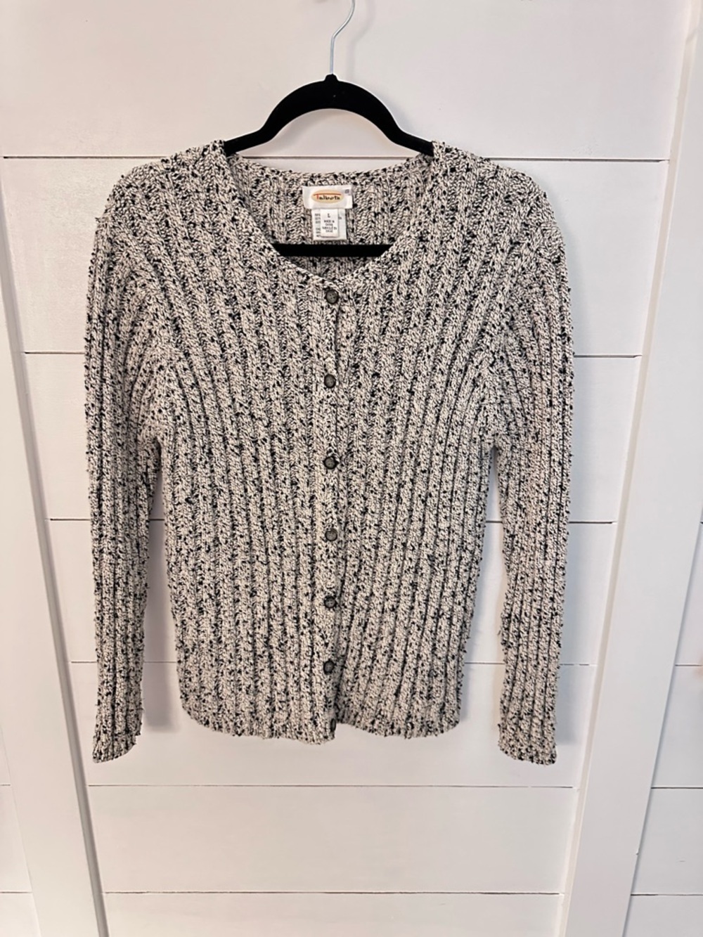 Talbots Marled Knit Cardigan Sweater Size L Black White Button Front Classic